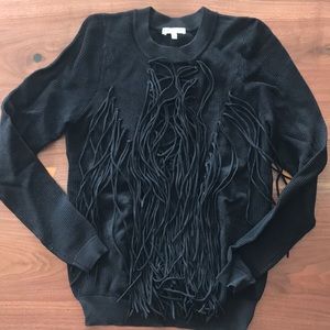 Ronny Kobo Lace Up Knot Fringe Black Sweater